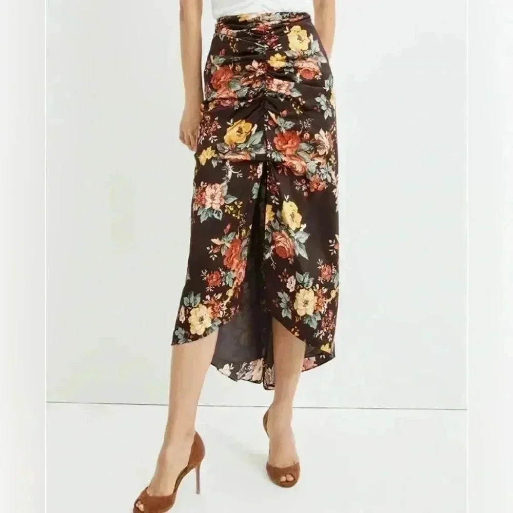 NWOT Veronica Beard Pixie ruched floral print satin midi skirt in Oxblood - Picture 3 of 8
